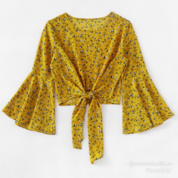 OrganicDisturbance Tops - Bell Sleeve Knot Front Cropped Blouse